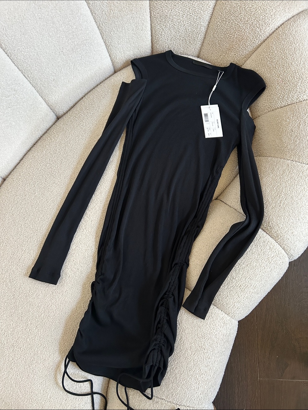Helmut Lang Black Long Sleeve Ruched Side Dress